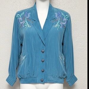 VTG Saint Germain Paris Silk Blazer Jacket Teal Blue Embroidered 80s 90s Small